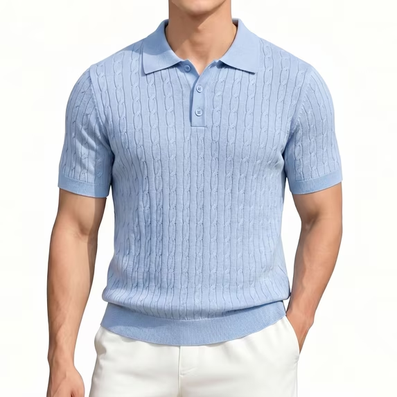 Short Sleeve Knit Golf Shirts for Men 2026 Summer Polo Collar Cable Knit Stretchy Casual Vacation Beach Tops