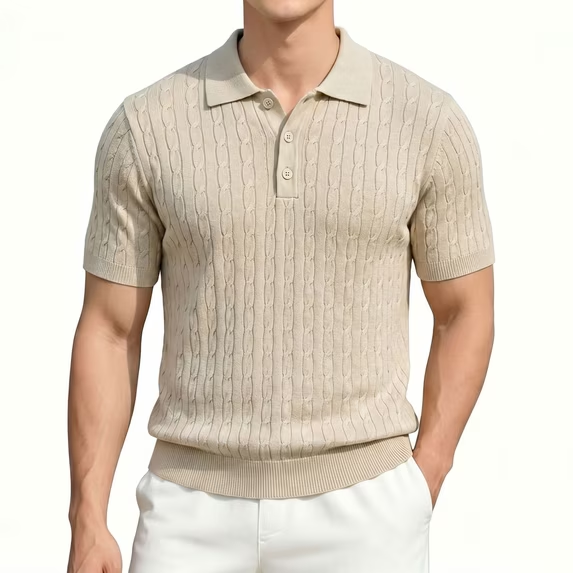 Short Sleeve Knit Golf Shirts for Men 2026 Summer Polo Collar Cable Knit Stretchy Casual Vacation Beach Tops