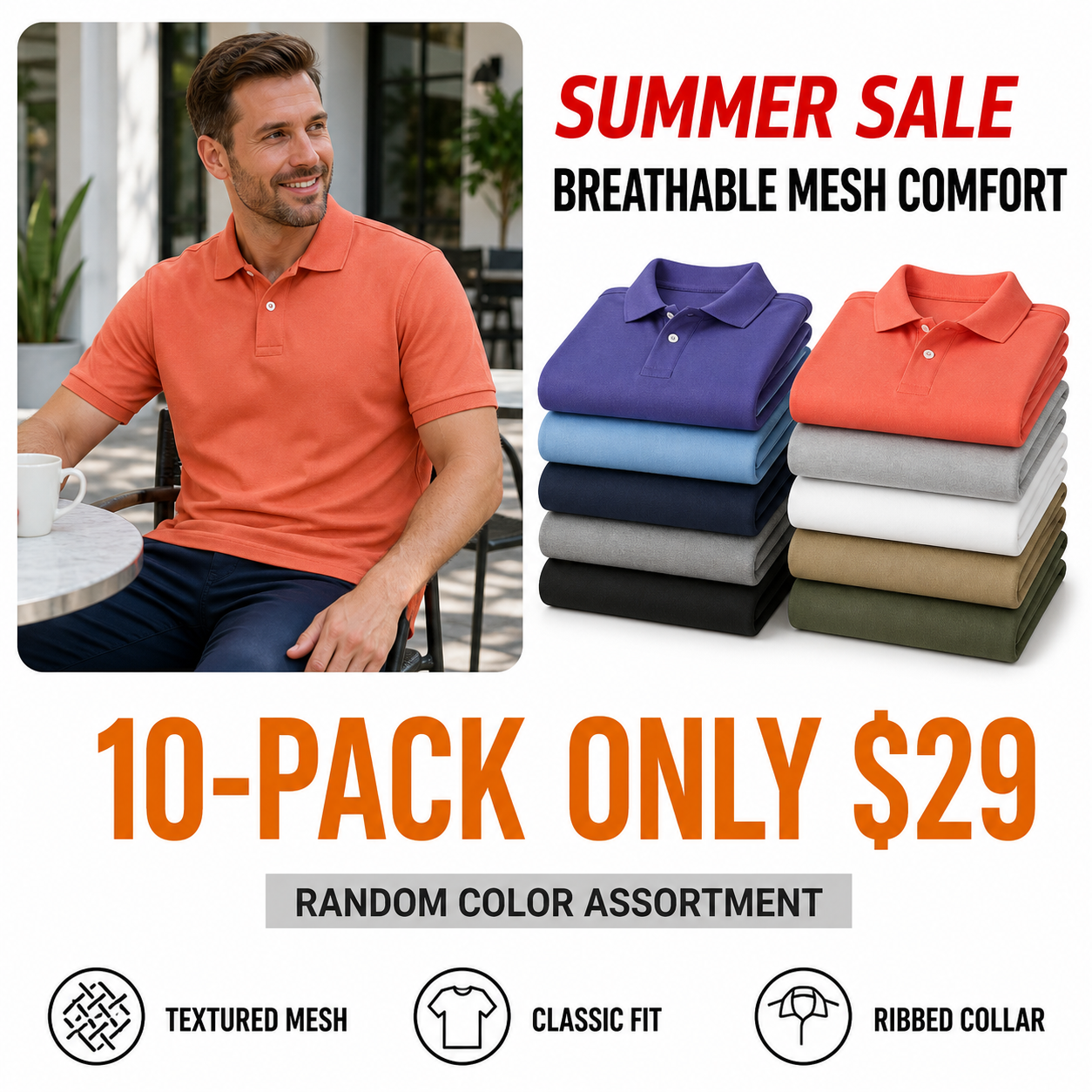 10-pack of men's classic mesh polo shirts in random assorted colors