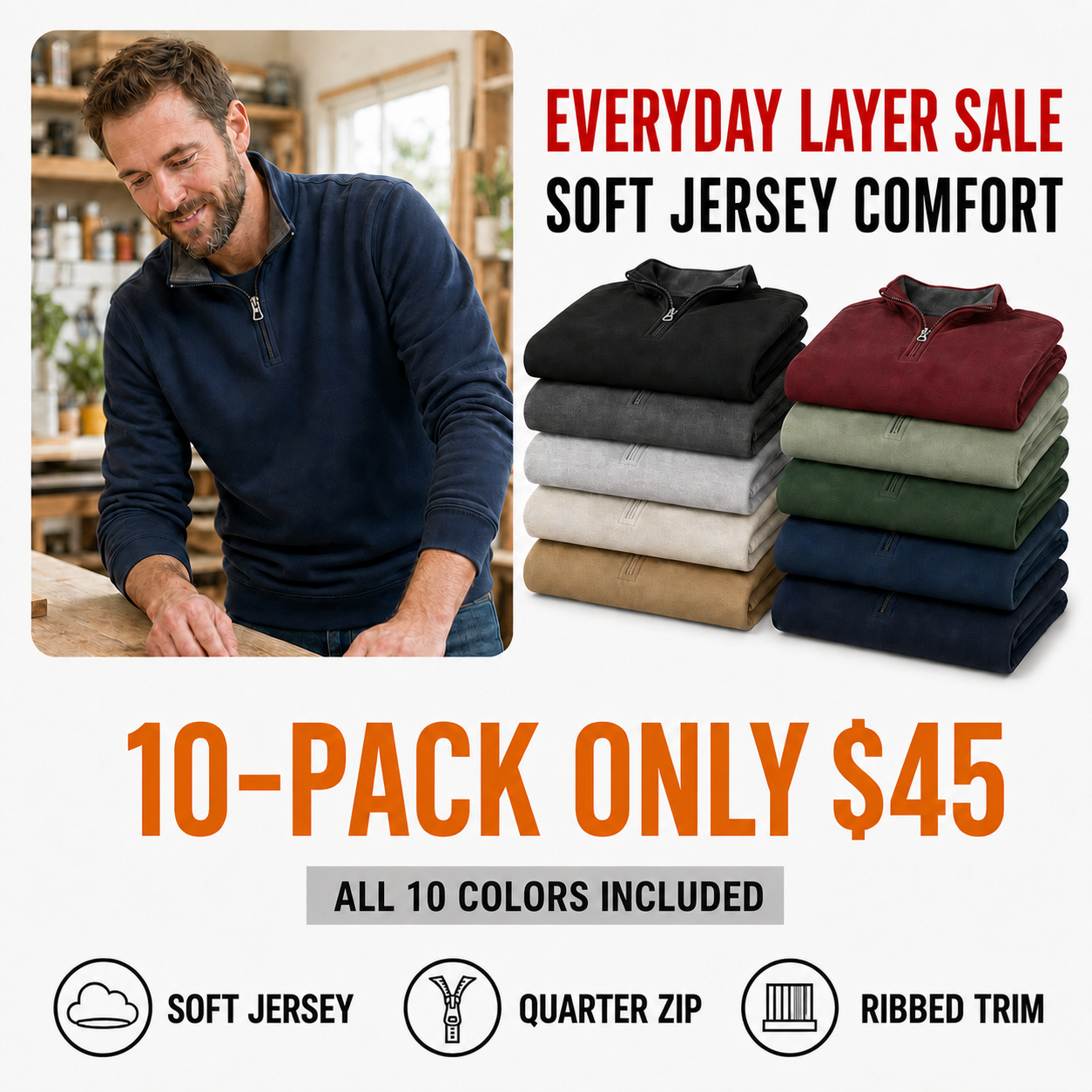 10-pack of men's soft jersey quarter-zip pullovers in ten colors
