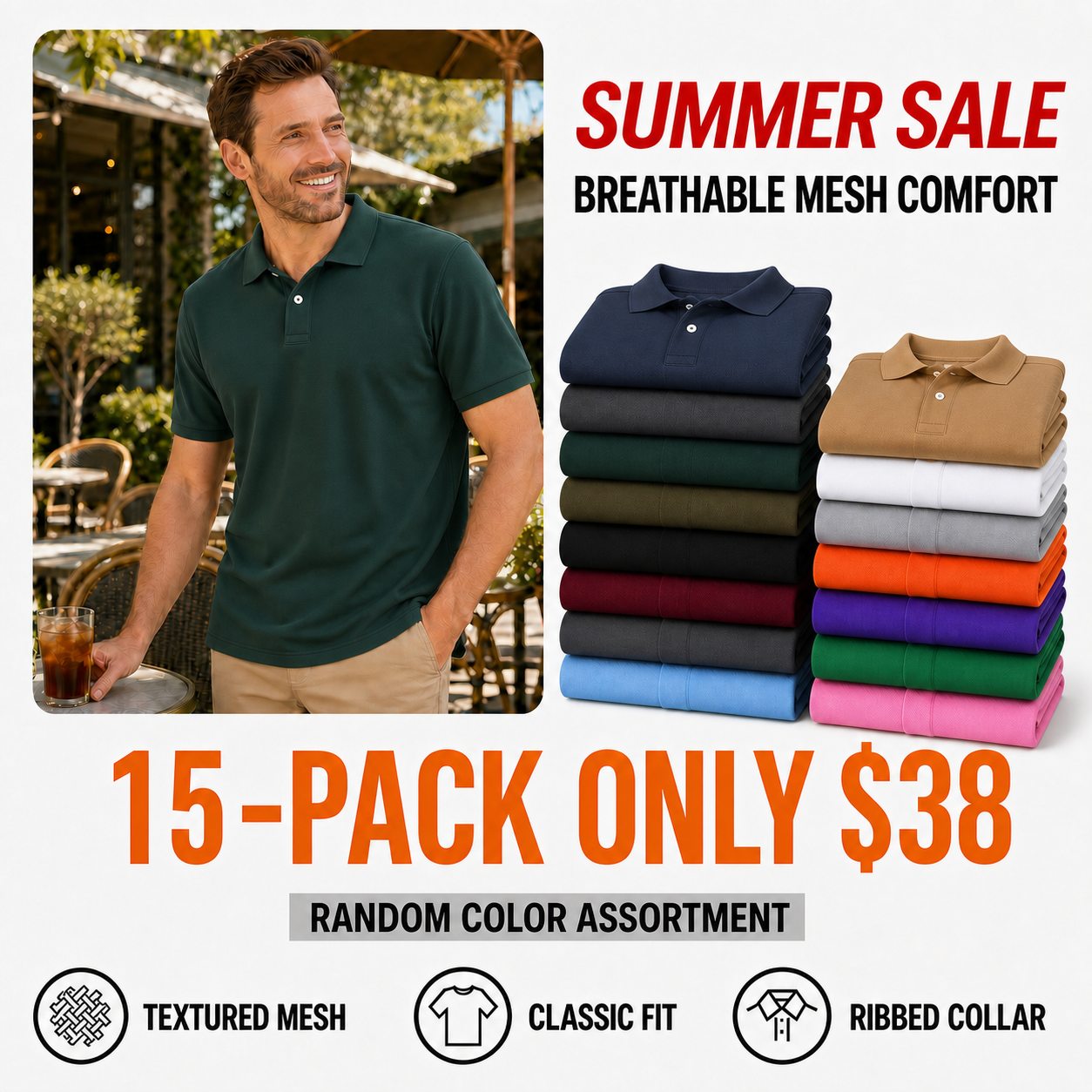 15-pack of men's classic mesh polo shirts in random assorted colors