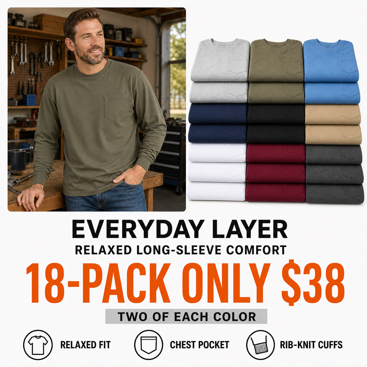18-pack of relaxed-fit long-sleeve crewneck pocket T-shirts, two of each color