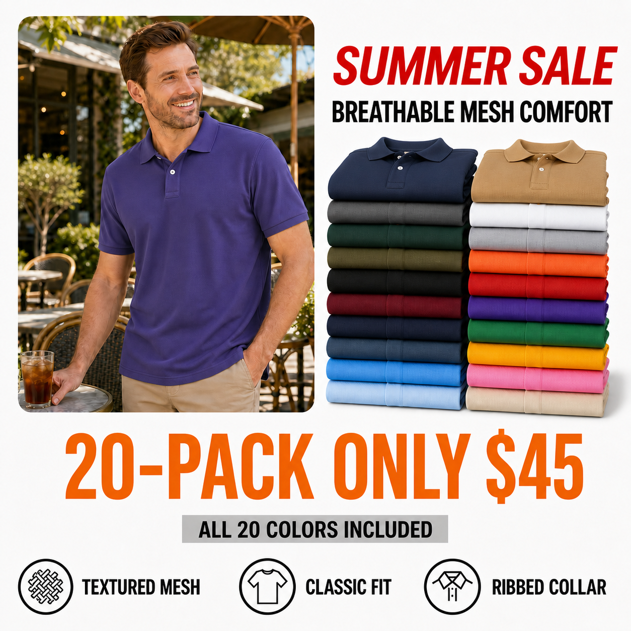 20-pack of men's classic mesh polo shirts in all twenty colors