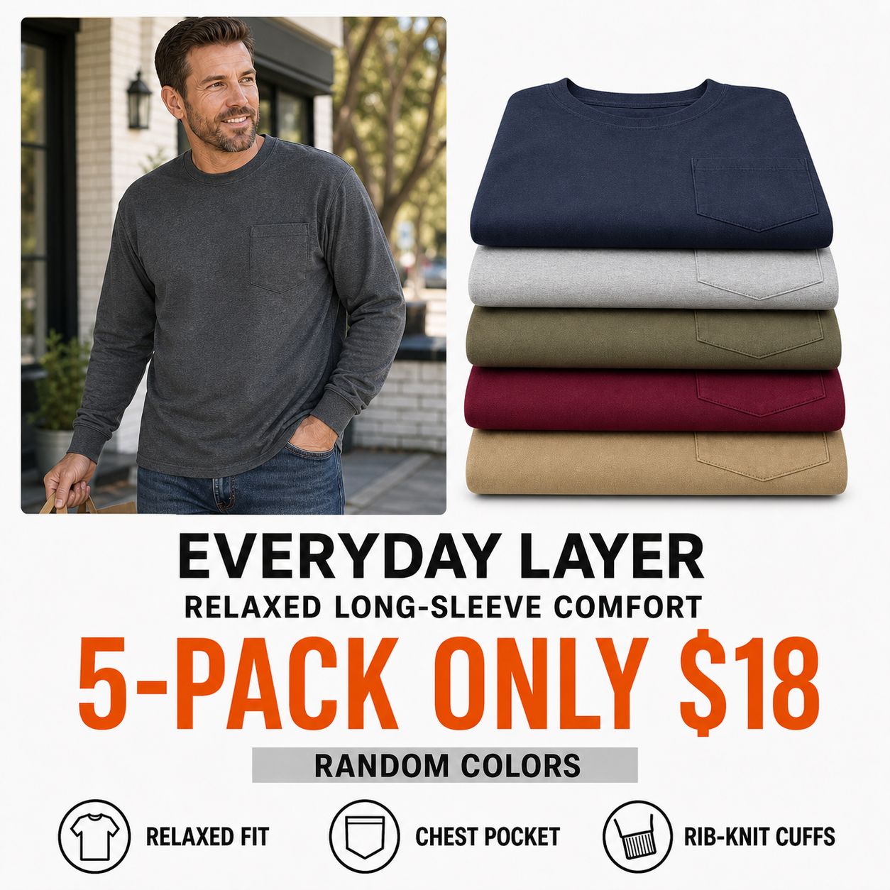 5-pack of relaxed-fit long-sleeve crewneck pocket T-shirts in random colors