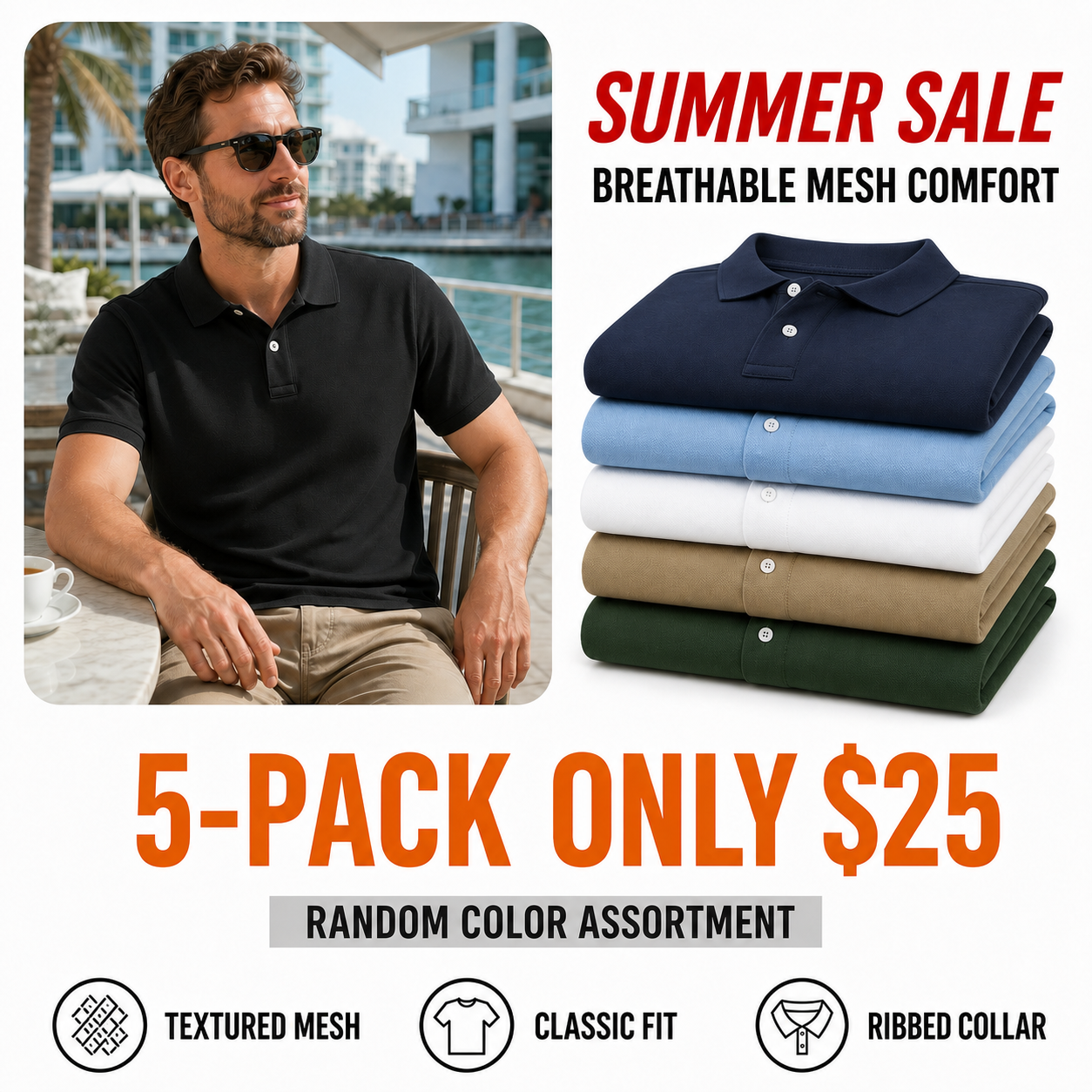 5-pack of men's classic mesh polo shirts in random assorted colors