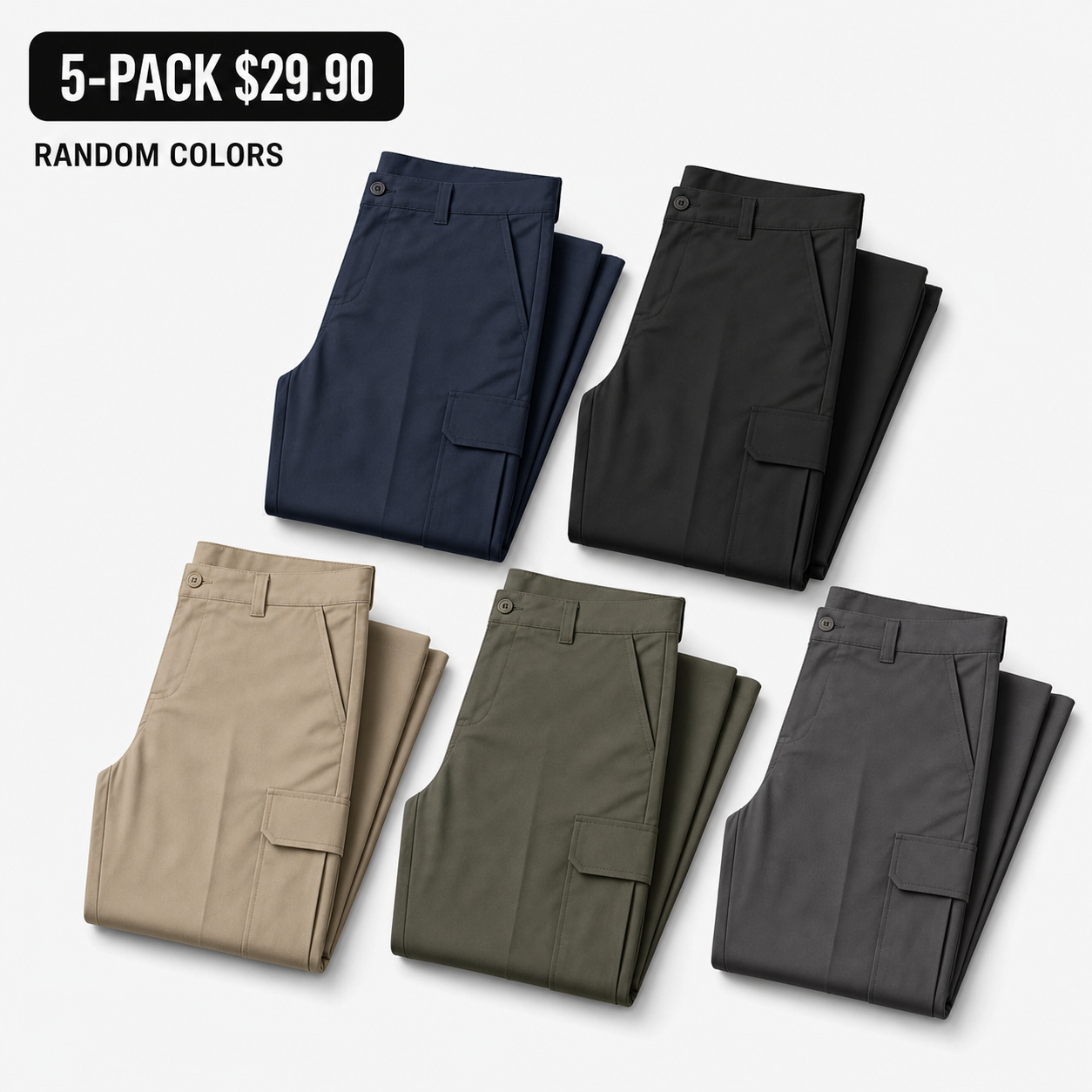 Five pack of smooth stretch cargo work pants in random colors