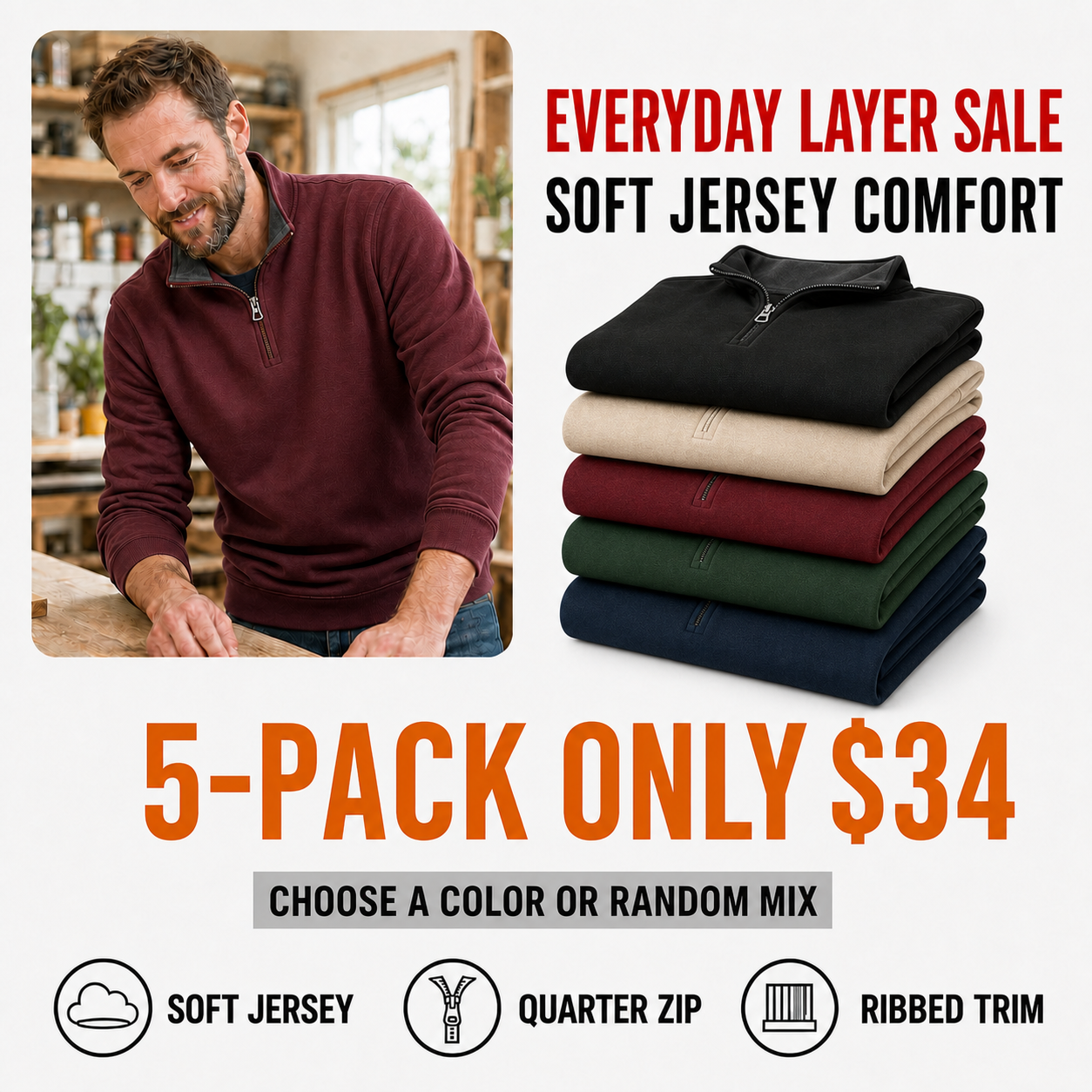 5-pack of men's soft jersey quarter-zip pullovers