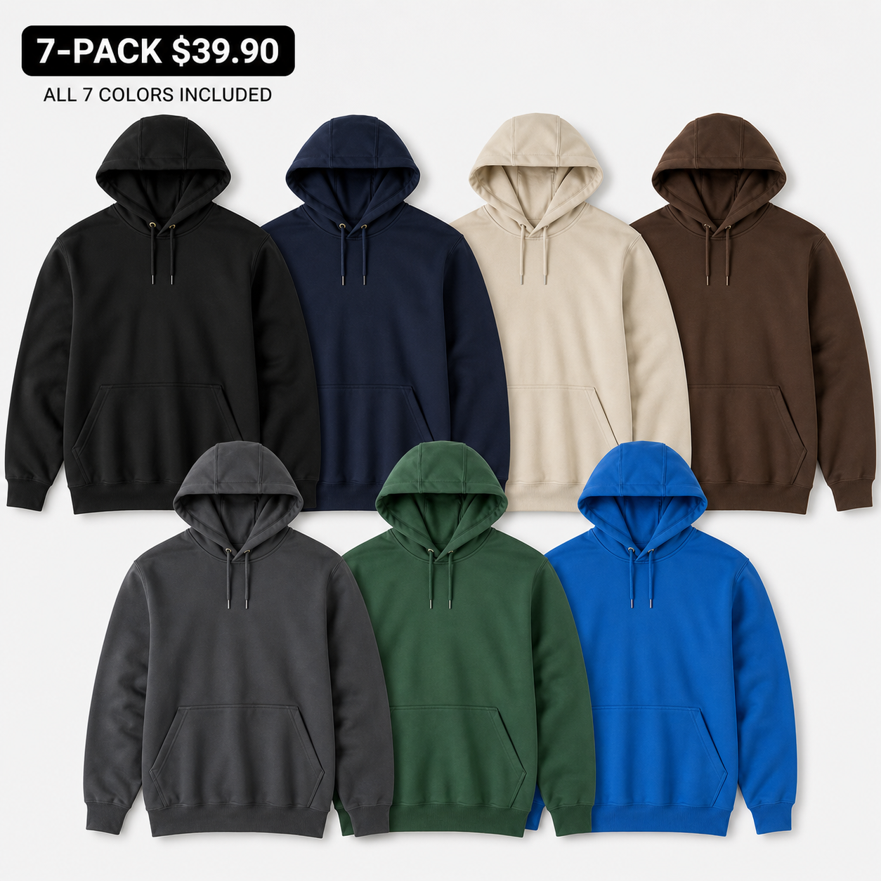 Seven pack of solid pullover hoodies in all seven colors