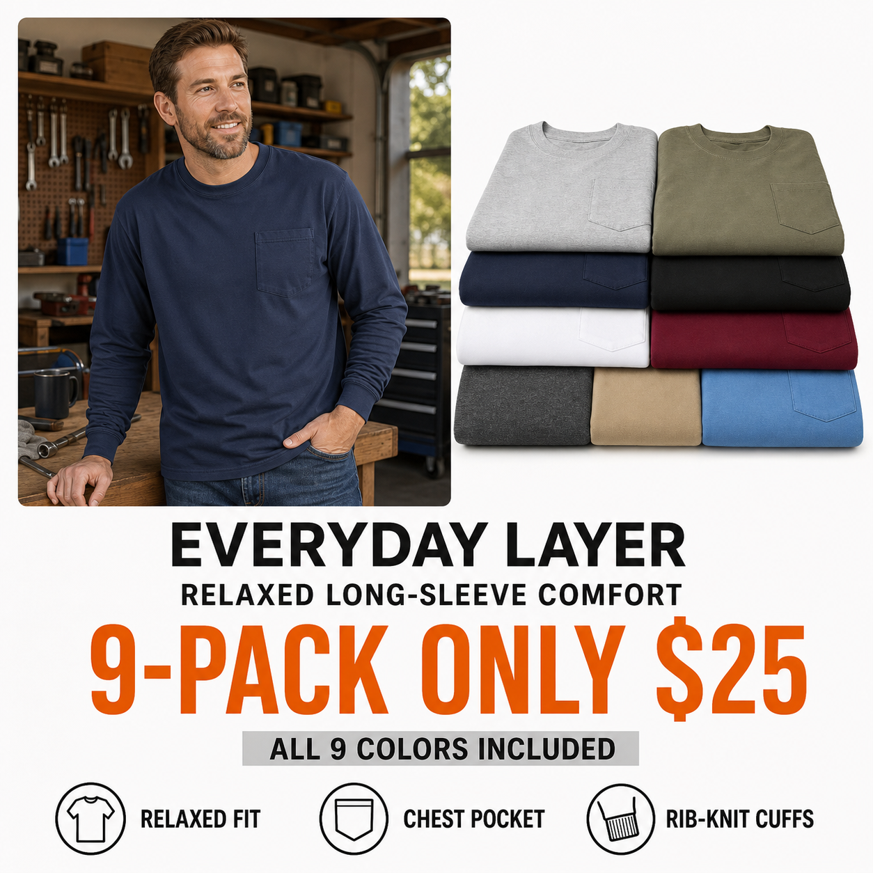 9-pack of relaxed-fit long-sleeve crewneck pocket T-shirts in all nine colors