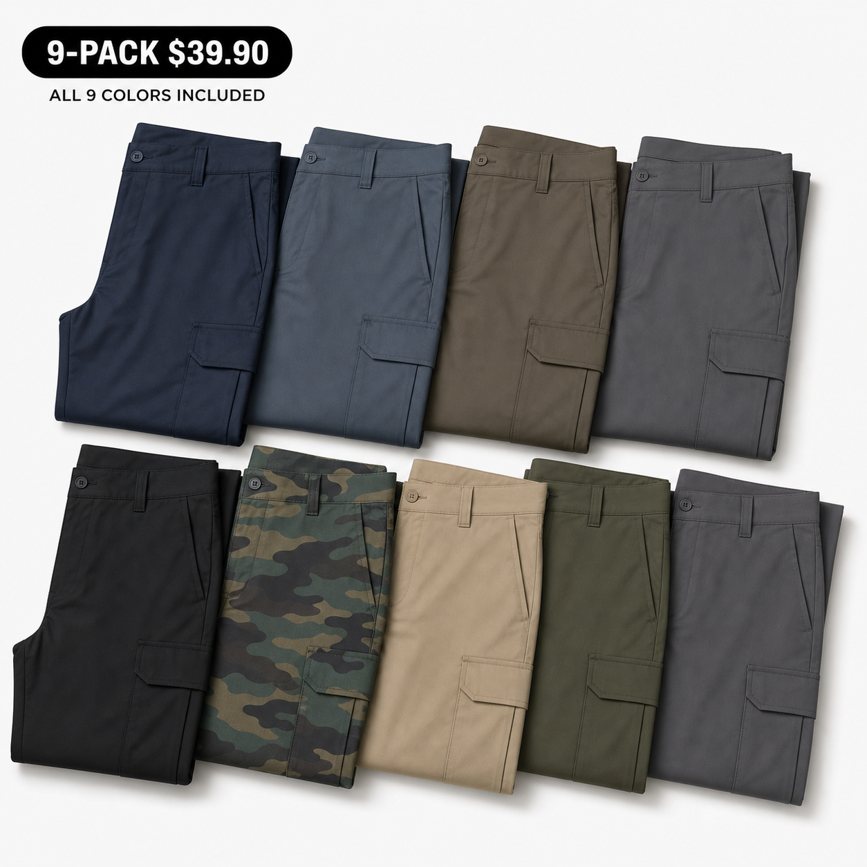 Nine pack of smooth stretch cargo work pants in all nine colors