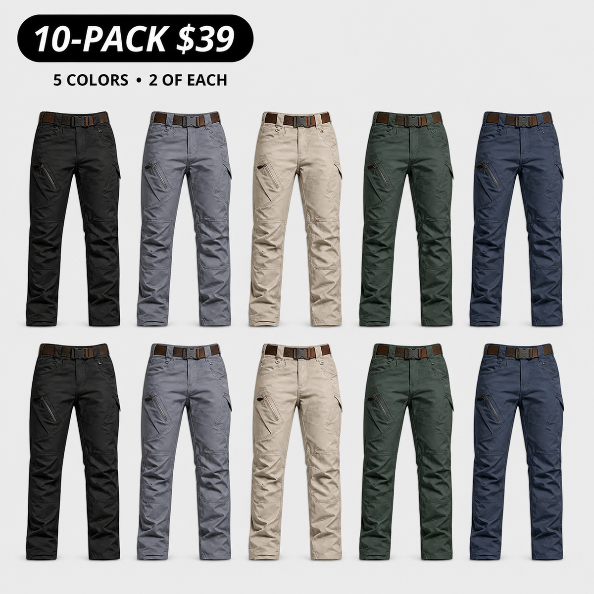 Mixed 10-pack lightweight casual work pants in five colors