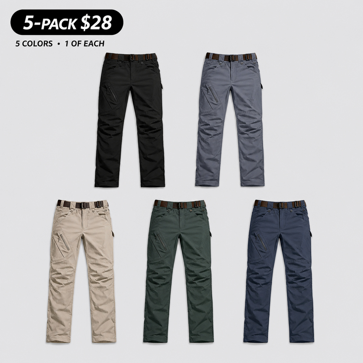 Mixed 5-pack lightweight casual work pants in five colors