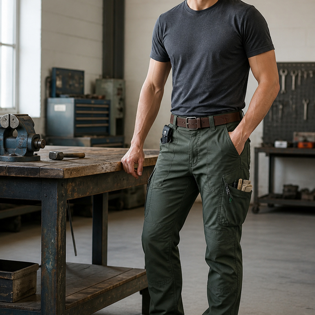 Army green lightweight casual work pants on male model