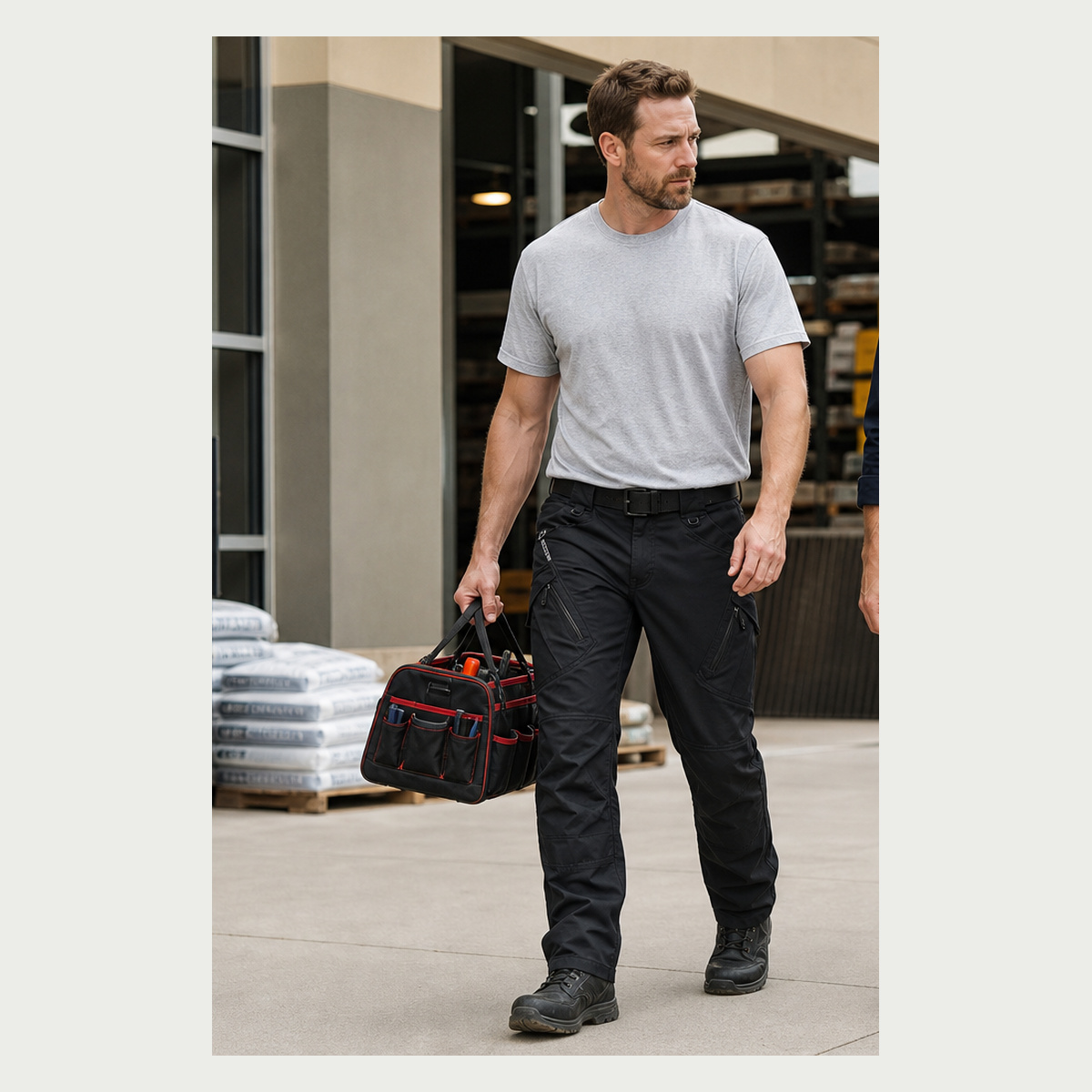 Black lightweight casual work pants on male model
