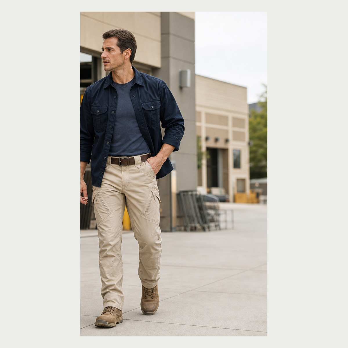 Khaki lightweight casual work pants on male model