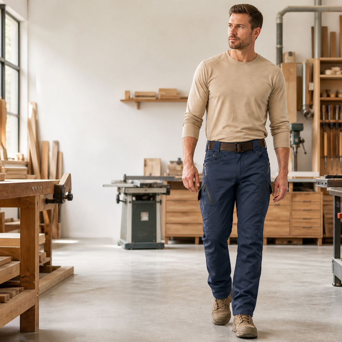 Navy lightweight casual work pants on male model
