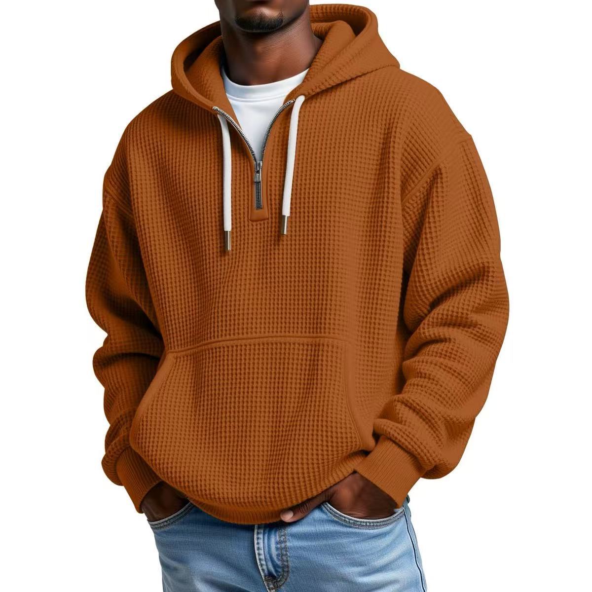 Men's Waffle Knit Pullover Hoodie – Half Zip, Oversized, Kangaroo Pocket, Contrast Drawcord, Casual Streetwear Top---Buy 2 Get 15% Off & Free Shipping!