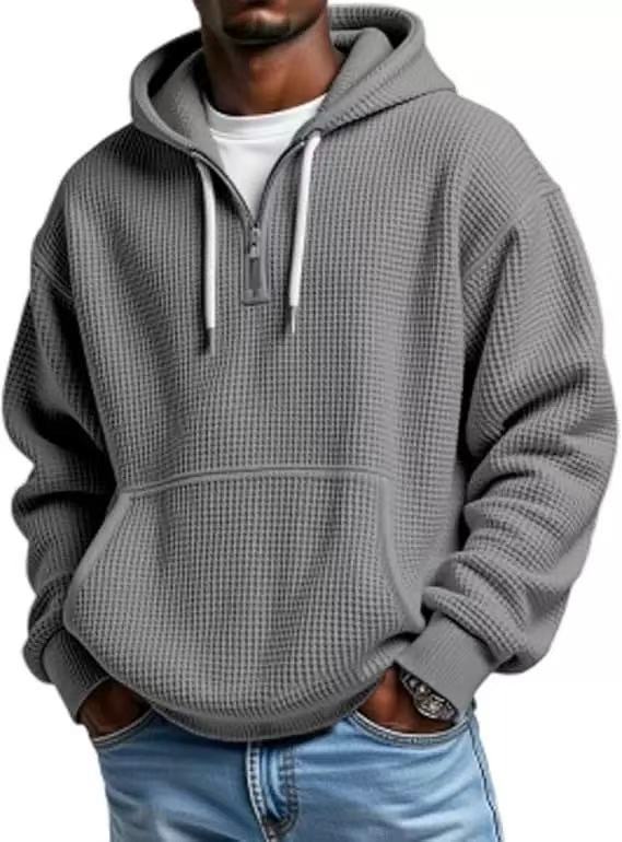 Men's Waffle Knit Pullover Hoodie – Half Zip, Oversized, Kangaroo Pocket, Contrast Drawcord, Casual Streetwear Top---Buy 2 Get 15% Off & Free Shipping!
