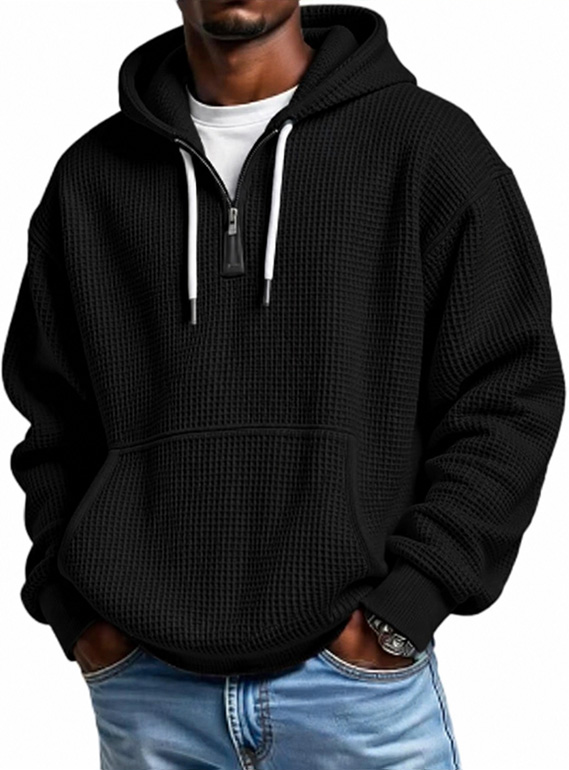 Men's Waffle Knit Pullover Hoodie – Half Zip, Oversized, Kangaroo Pocket, Contrast Drawcord, Casual Streetwear Top---Buy 2 Get 15% Off & Free Shipping!