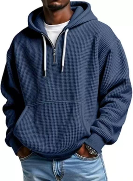 Men's Waffle Knit Pullover Hoodie – Half Zip, Oversized, Kangaroo Pocket, Contrast Drawcord, Casual Streetwear Top---Buy 2 Get 15% Off & Free Shipping!