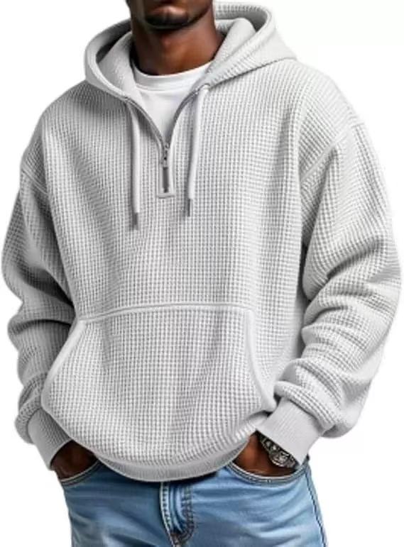 Men's Waffle Knit Pullover Hoodie – Half Zip, Oversized, Kangaroo Pocket, Contrast Drawcord, Casual Streetwear Top---Buy 2 Get 15% Off & Free Shipping!