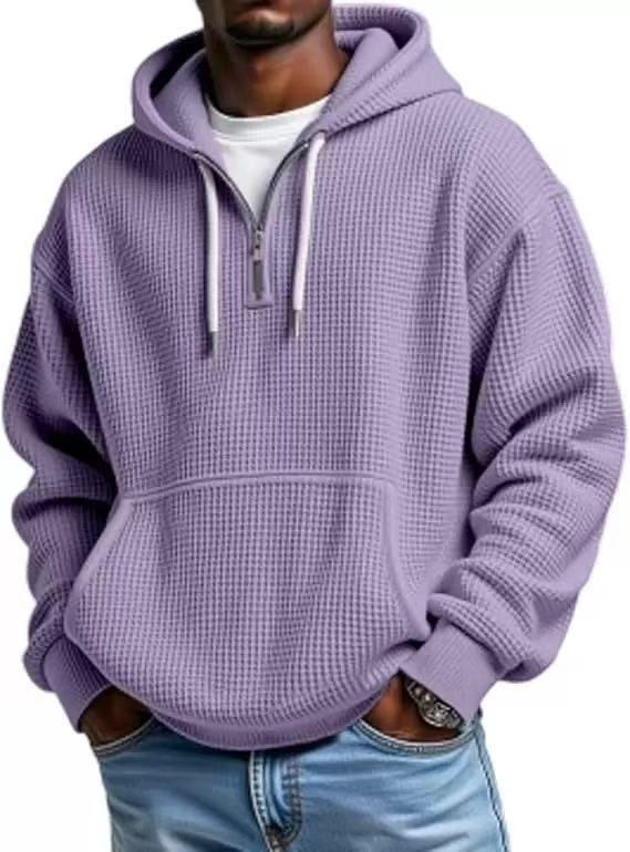 Men's Waffle Knit Pullover Hoodie – Half Zip, Oversized, Kangaroo Pocket, Contrast Drawcord, Casual Streetwear Top---Buy 2 Get 15% Off & Free Shipping!