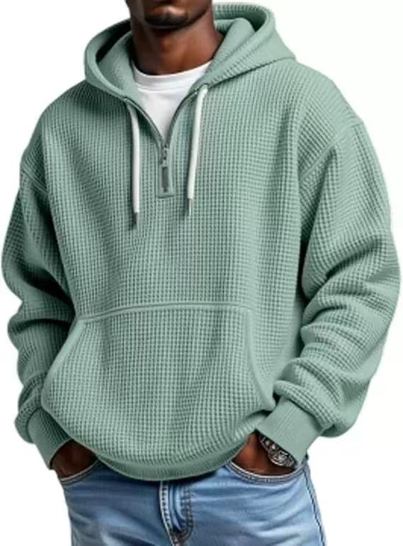 Men's Waffle Knit Pullover Hoodie – Half Zip, Oversized, Kangaroo Pocket, Contrast Drawcord, Casual Streetwear Top---Buy 2 Get 15% Off & Free Shipping!