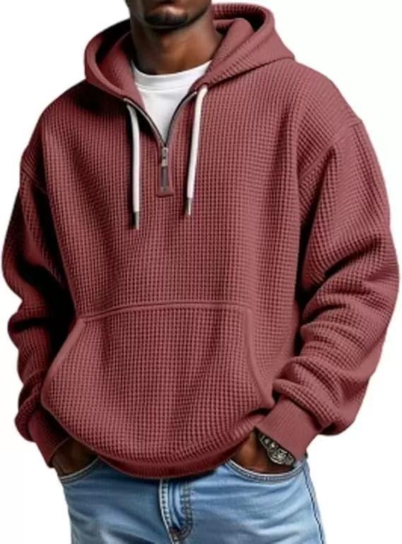 Men's Waffle Knit Pullover Hoodie – Half Zip, Oversized, Kangaroo Pocket, Contrast Drawcord, Casual Streetwear Top---Buy 2 Get 15% Off & Free Shipping!