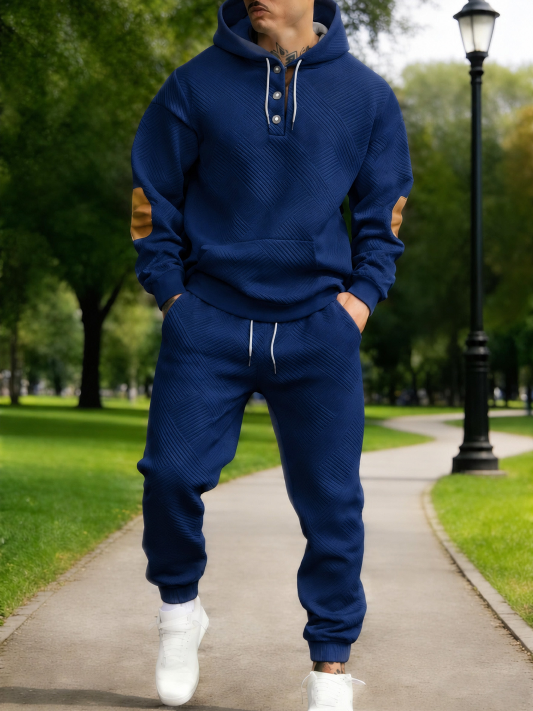 Men‘s 2-Piece Textured Hoodie Tracksuit – Geometric Print Sweatshirt & Joggers, Contrast Elbow Patches, Fitted, Soft Comfortable Streetwear---Buy 2 Get 15% Off & Free Shipping!