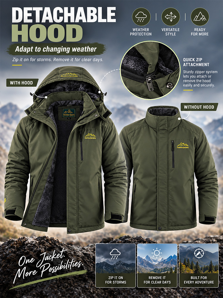 Men‘s Waterproof Windproof Fleece-Lined Jacket – Detachable Hood, Warm Winter Outerwear for Fishing, Hiking & Cycling---Buy 2 Get 15% Off & Free Shipping!