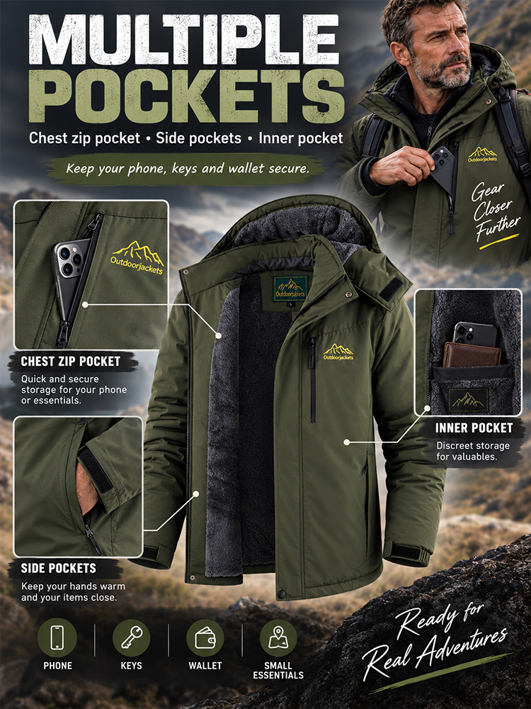 Men‘s Waterproof Windproof Fleece-Lined Jacket – Detachable Hood, Warm Winter Outerwear for Fishing, Hiking & Cycling---Buy 2 Get 15% Off & Free Shipping!