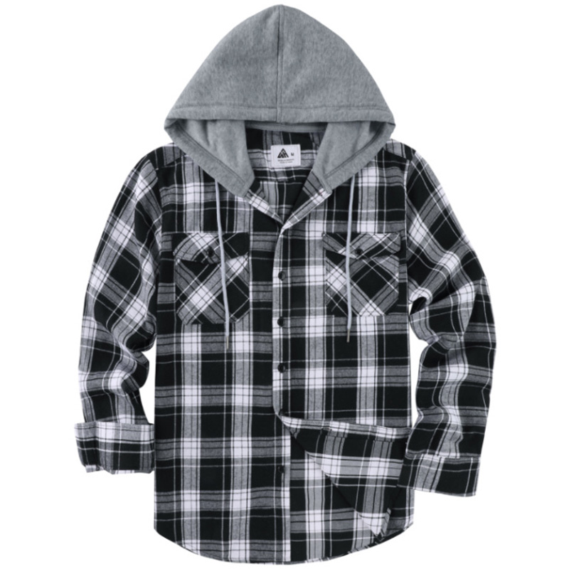 Men’s Checked Hooded Overshirt – Button-Front, Drawstring, Long Sleeve, Pockets for Spring/Autumn---Buy 2 Get 15% Off & Free Shipping!