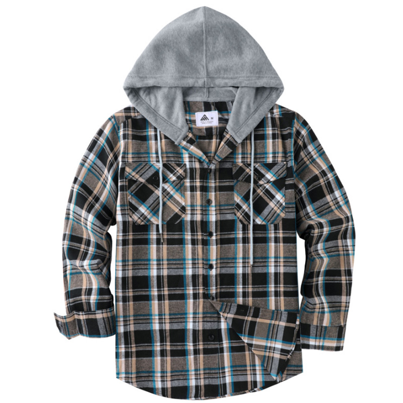 Men’s Checked Hooded Overshirt – Button-Front, Drawstring, Long Sleeve, Pockets for Spring/Autumn---Buy 2 Get 15% Off & Free Shipping!