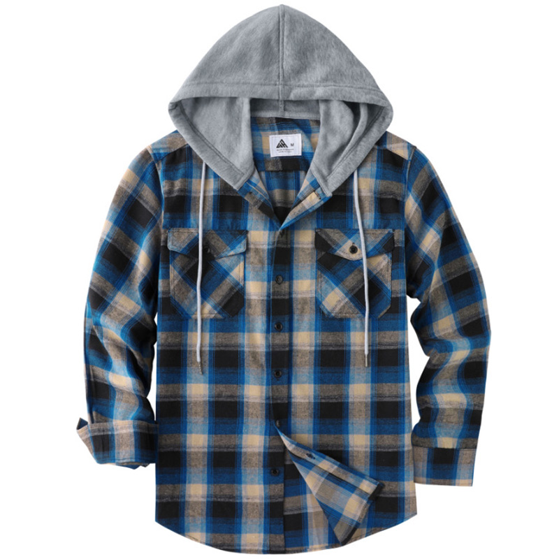Men’s Checked Hooded Overshirt – Button-Front, Drawstring, Long Sleeve, Pockets for Spring/Autumn---Buy 2 Get 15% Off & Free Shipping!