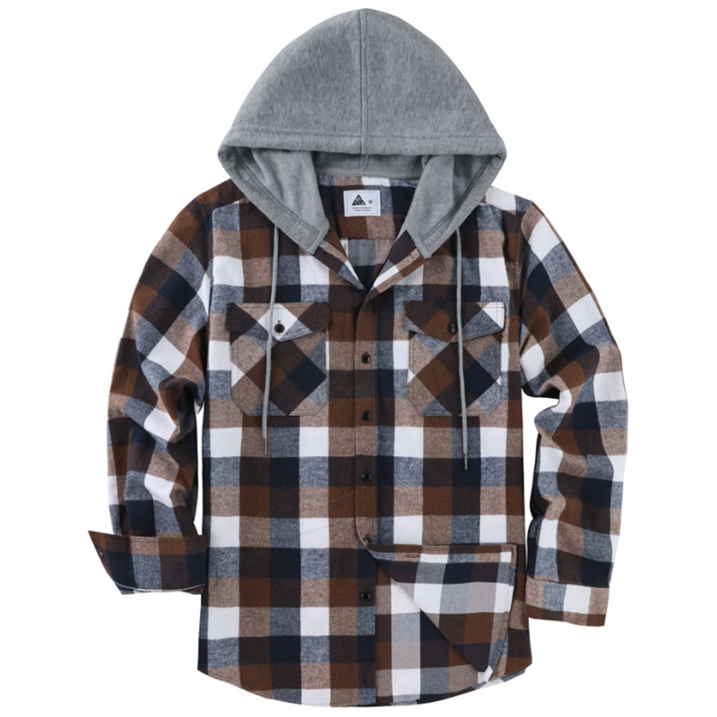 Men’s Checked Hooded Overshirt – Button-Front, Drawstring, Long Sleeve, Pockets for Spring/Autumn---Buy 2 Get 15% Off & Free Shipping!