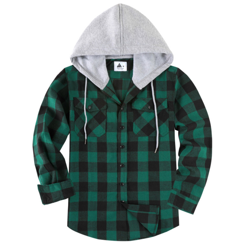Men’s Checked Hooded Overshirt – Button-Front, Drawstring, Long Sleeve, Pockets for Spring/Autumn---Buy 2 Get 15% Off & Free Shipping!