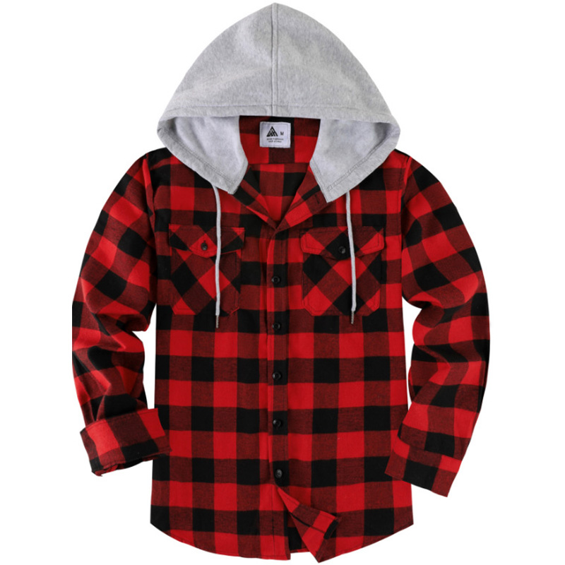 Men’s Checked Hooded Overshirt – Button-Front, Drawstring, Long Sleeve, Pockets for Spring/Autumn---Buy 2 Get 15% Off & Free Shipping!
