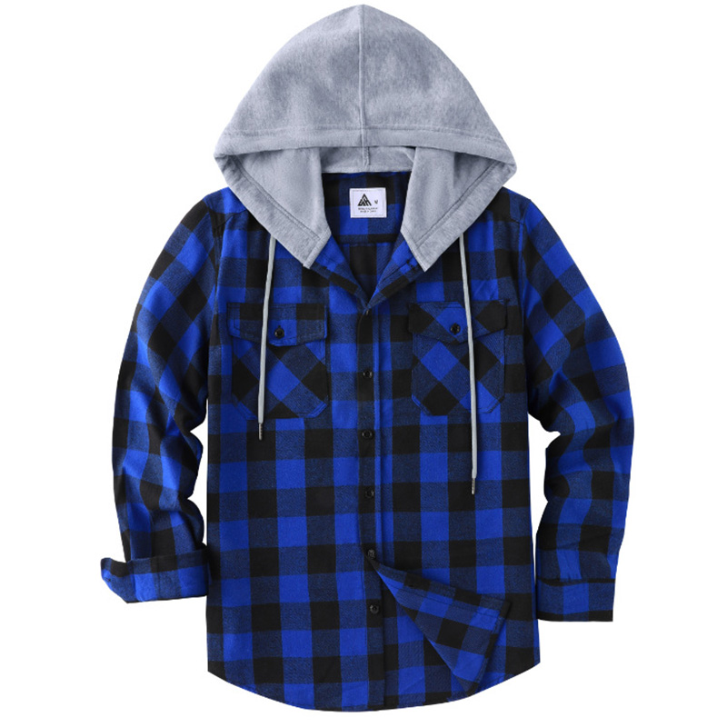 Men’s Checked Hooded Overshirt – Button-Front, Drawstring, Long Sleeve, Pockets for Spring/Autumn---Buy 2 Get 15% Off & Free Shipping!