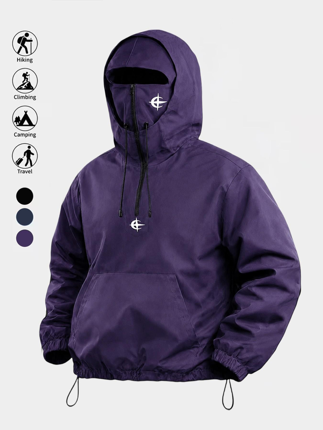 Unisex Windproof Hooded Half-Zip Jacket – Built-In Face Mask, Star Graphic Print, Adjustable Drawstring, All-Season Outdoor---Buy 2 Get 15% Off & Free Shipping!