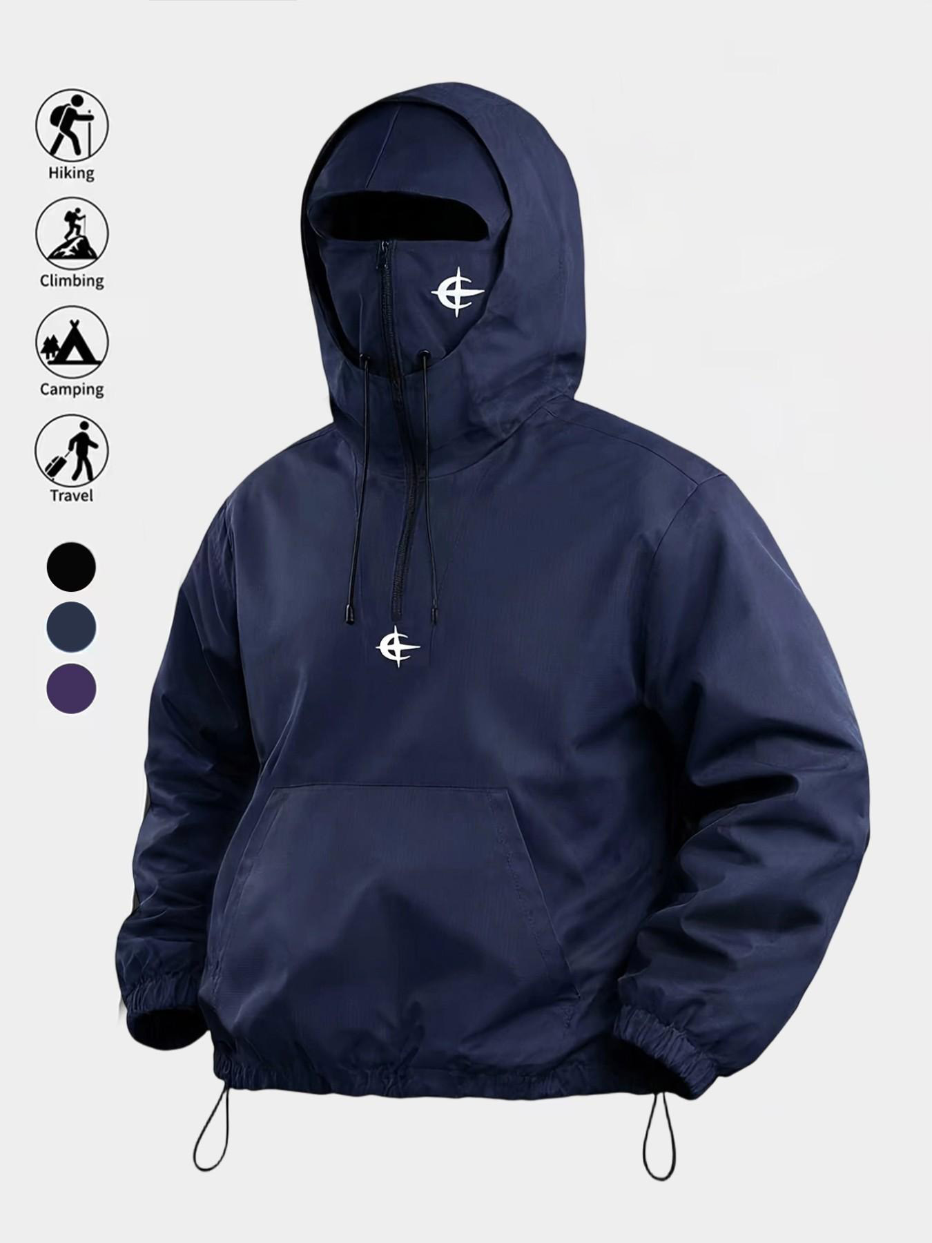 Unisex Windproof Hooded Half-Zip Jacket – Built-In Face Mask, Star Graphic Print, Adjustable Drawstring, All-Season Outdoor---Buy 2 Get 15% Off & Free Shipping!