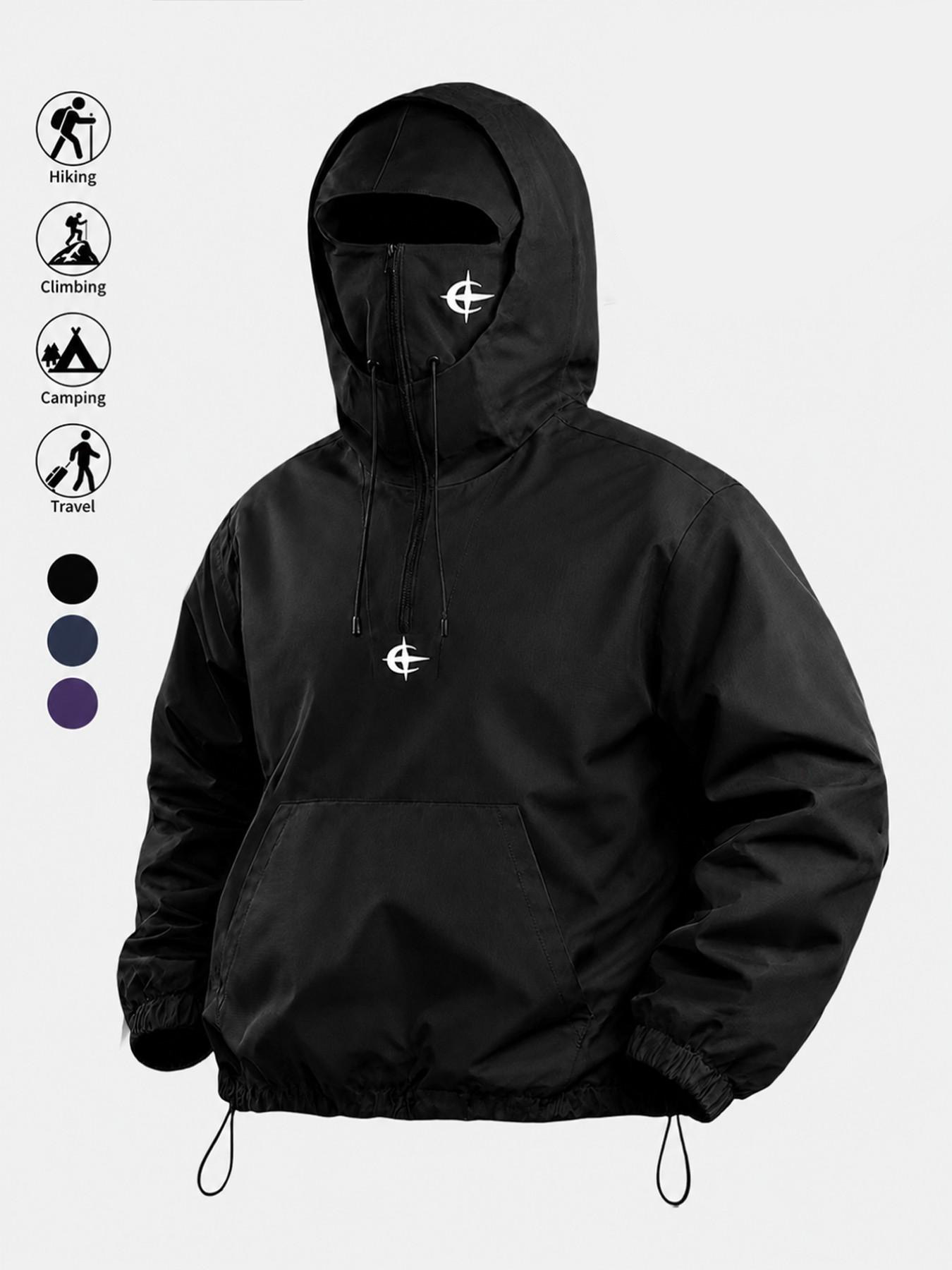 Unisex Windproof Hooded Half-Zip Jacket – Built-In Face Mask, Star Graphic Print, Adjustable Drawstring, All-Season Outdoor---Buy 2 Get 15% Off & Free Shipping!