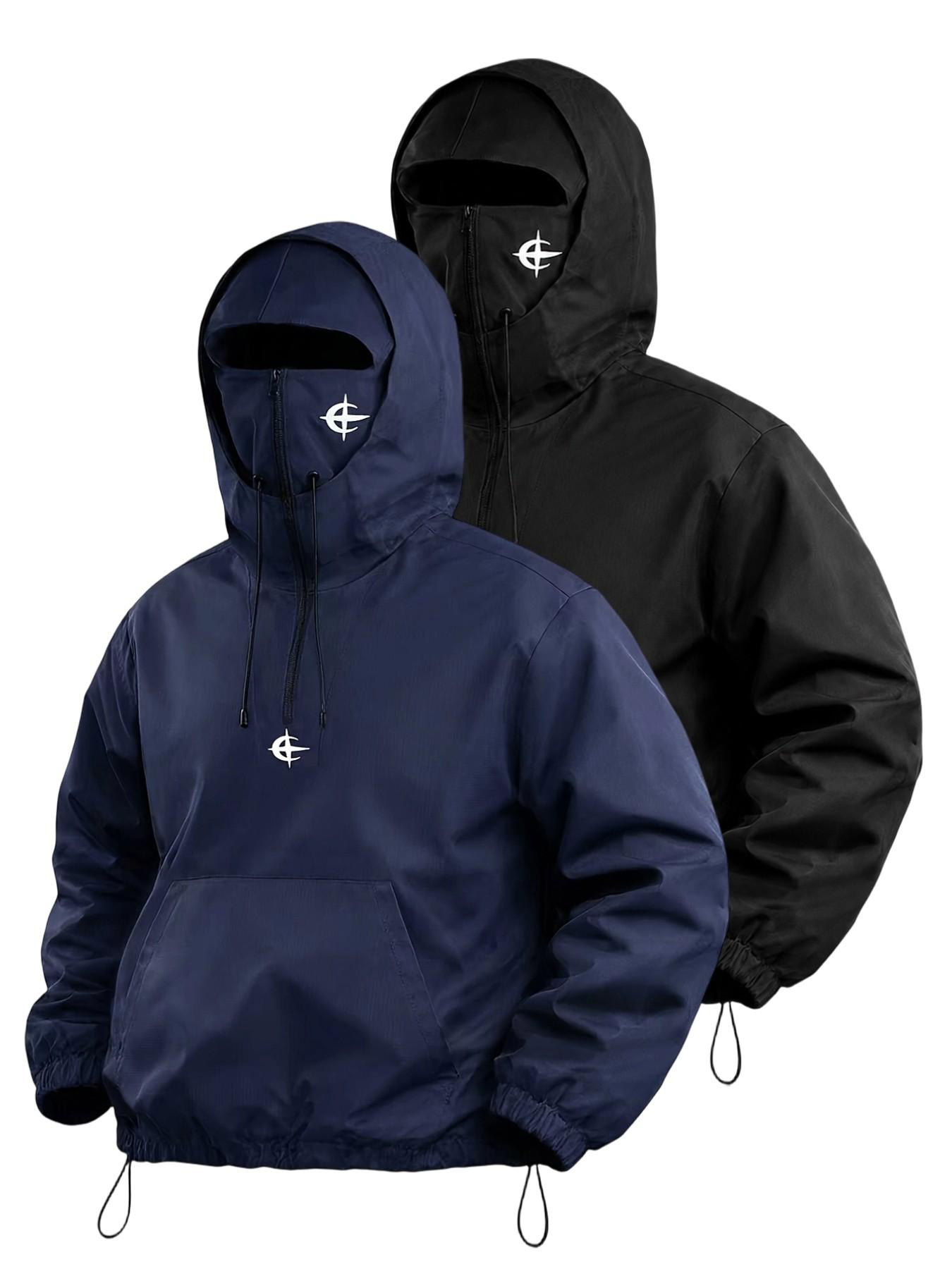 Unisex Windproof Hooded Half-Zip Jacket – Built-In Face Mask, Star Graphic Print, Adjustable Drawstring, All-Season Outdoor---Buy 2 Get 15% Off & Free Shipping!