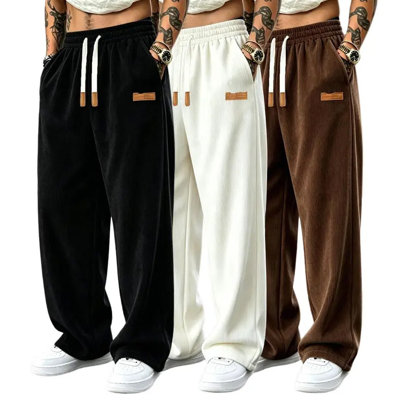 Men’s 3-Pack Wide-Leg Athletic Trousers – Elastic Drawstring Waist, Leather Tag, Loose Straight-Cut for Streetwear & Jogging---Buy 2 Get 15% Off & Free Shipping!