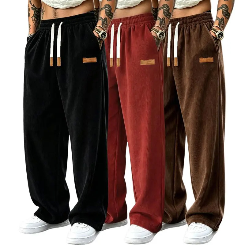 Men’s 3-Pack Wide-Leg Athletic Trousers – Elastic Drawstring Waist, Leather Tag, Loose Straight-Cut for Streetwear & Jogging---Buy 2 Get 15% Off & Free Shipping!