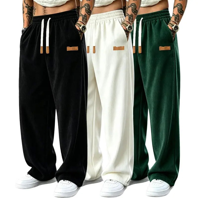 Men’s 3-Pack Wide-Leg Athletic Trousers – Elastic Drawstring Waist, Leather Tag, Loose Straight-Cut for Streetwear & Jogging---Buy 2 Get 15% Off & Free Shipping!