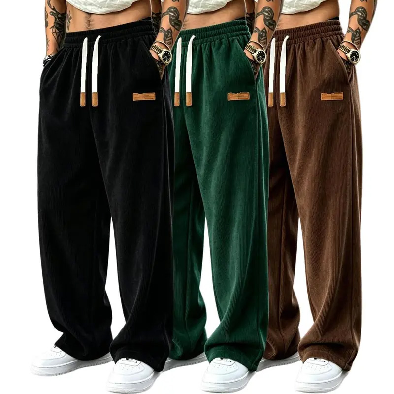 Men’s 3-Pack Wide-Leg Athletic Trousers – Elastic Drawstring Waist, Leather Tag, Loose Straight-Cut for Streetwear & Jogging---Buy 2 Get 15% Off & Free Shipping!