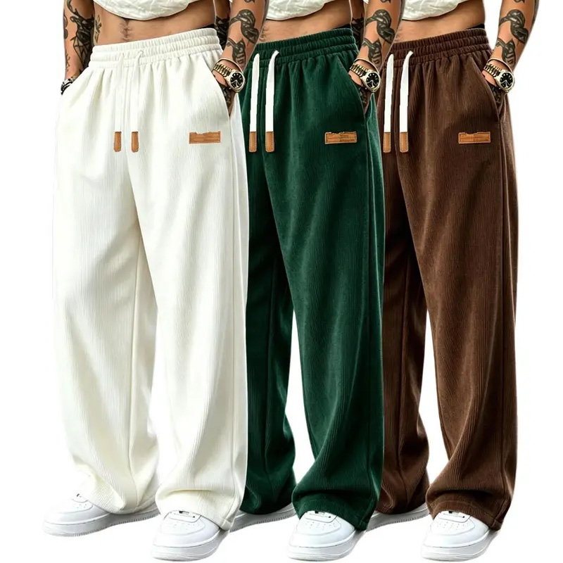 Men’s 3-Pack Wide-Leg Athletic Trousers – Elastic Drawstring Waist, Leather Tag, Loose Straight-Cut for Streetwear & Jogging---Buy 2 Get 15% Off & Free Shipping!