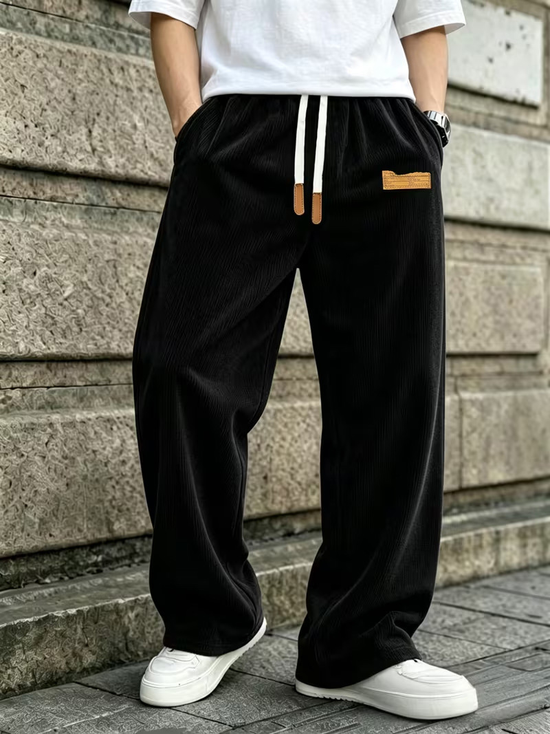 Men’s 3-Pack Wide-Leg Athletic Trousers – Elastic Drawstring Waist, Leather Tag, Loose Straight-Cut for Streetwear & Jogging---Buy 2 Get 15% Off & Free Shipping!
