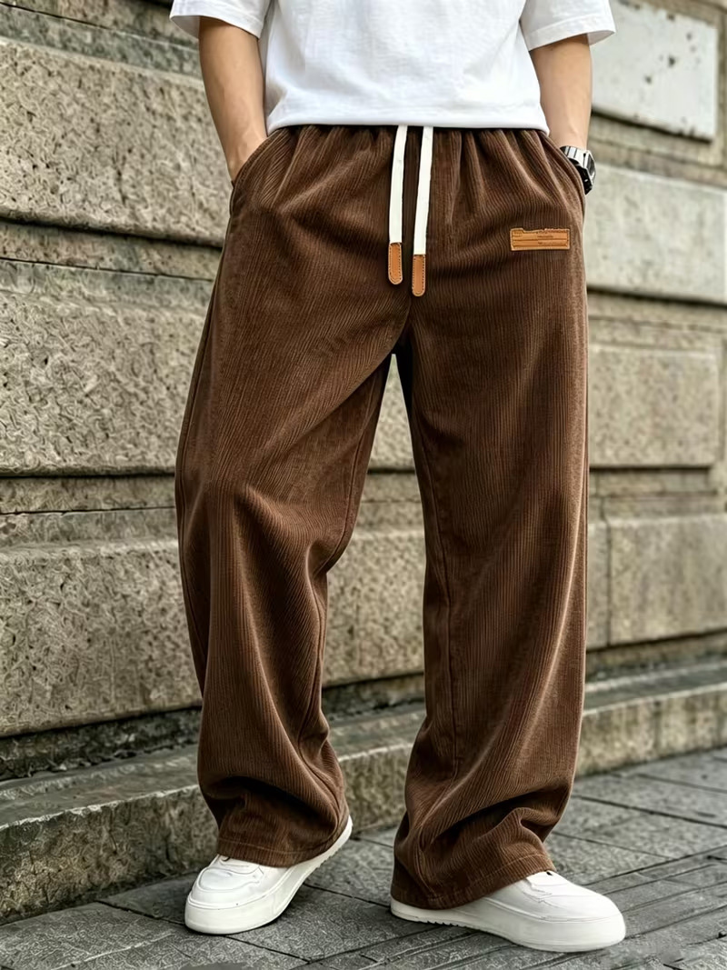 Men’s 3-Pack Wide-Leg Athletic Trousers – Elastic Drawstring Waist, Leather Tag, Loose Straight-Cut for Streetwear & Jogging---Buy 2 Get 15% Off & Free Shipping!