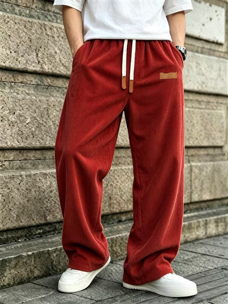 Men’s 3-Pack Wide-Leg Athletic Trousers – Elastic Drawstring Waist, Leather Tag, Loose Straight-Cut for Streetwear & Jogging---Buy 2 Get 15% Off & Free Shipping!